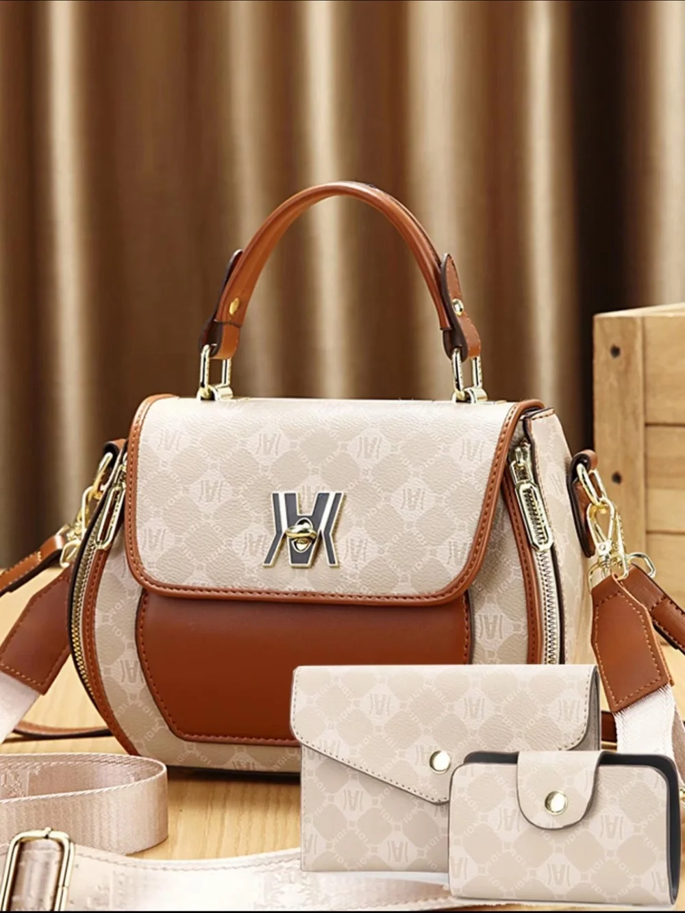 Beige Top-Handle and Crossbody Satchel with Matching Wallets